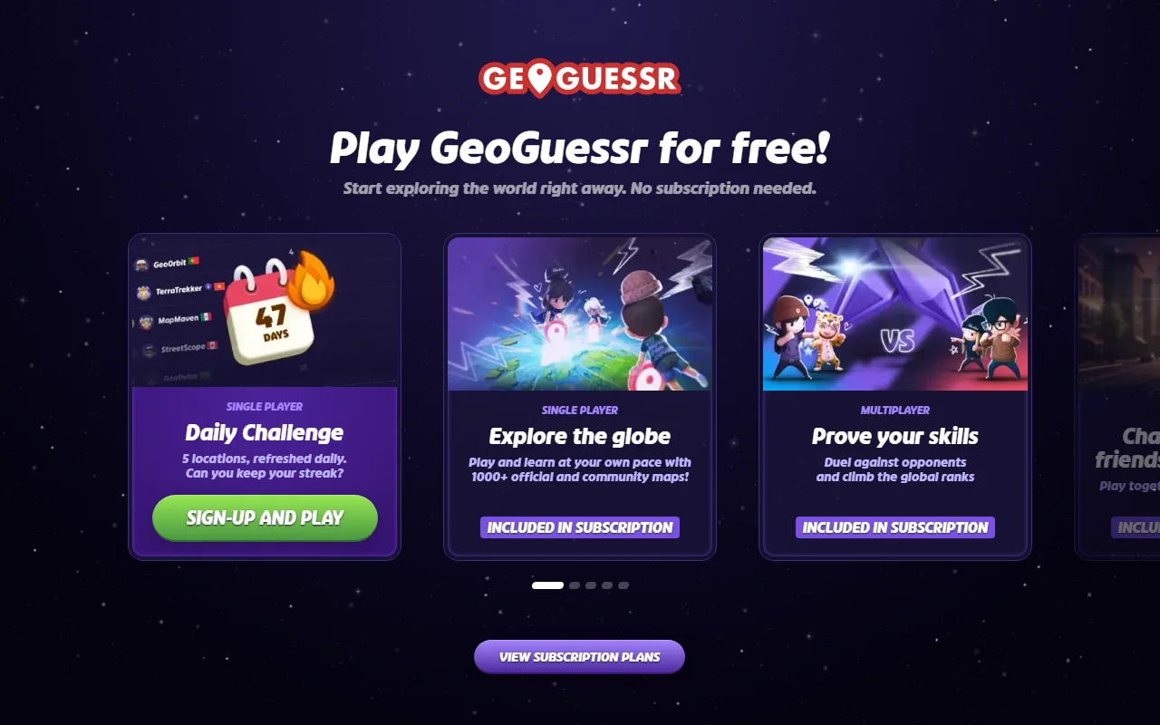 GeoGuessr's page describing its free tier