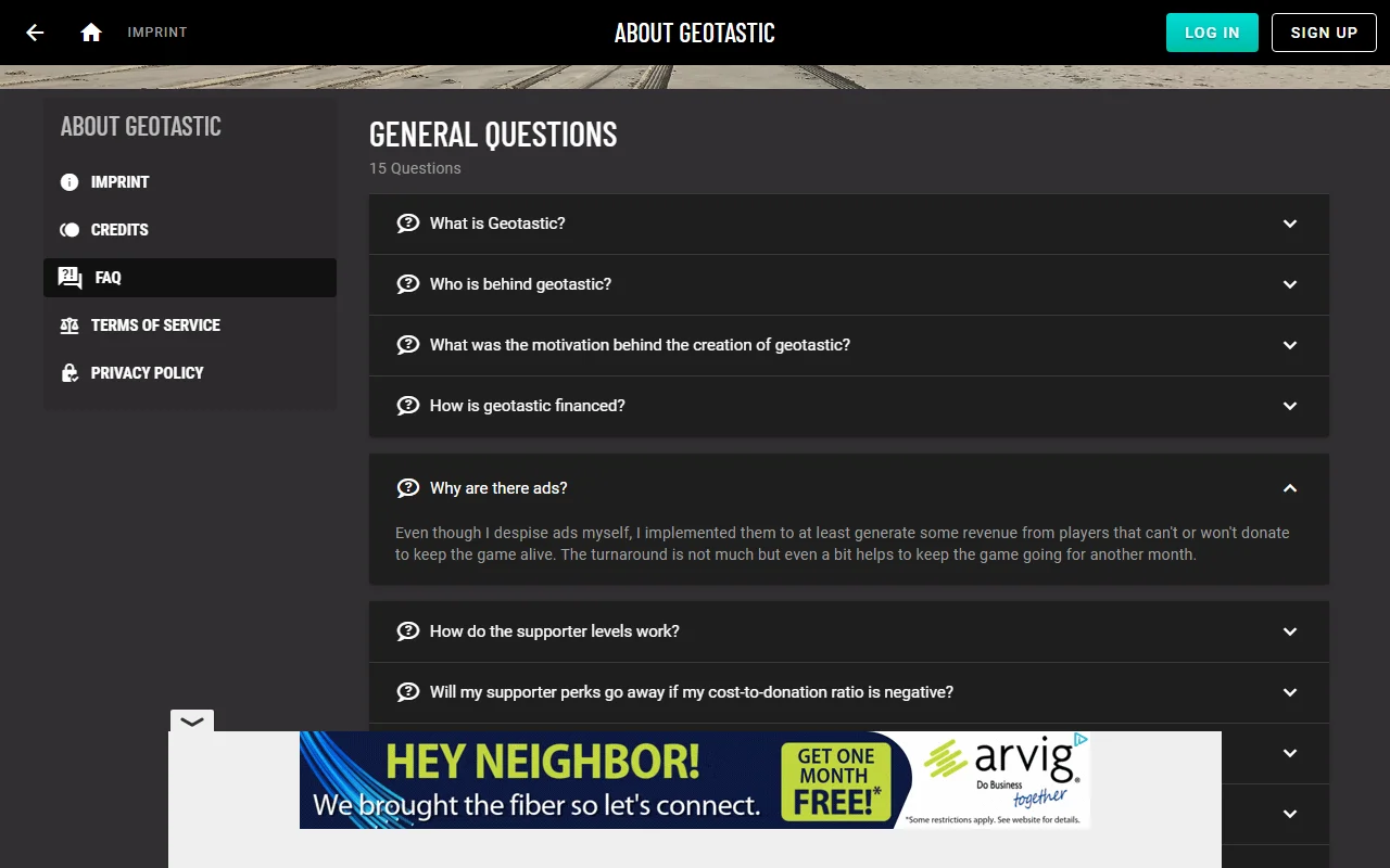 Geotastic's FAQ with the entry Why are there ads expanded, and a display ad in the sticky footer