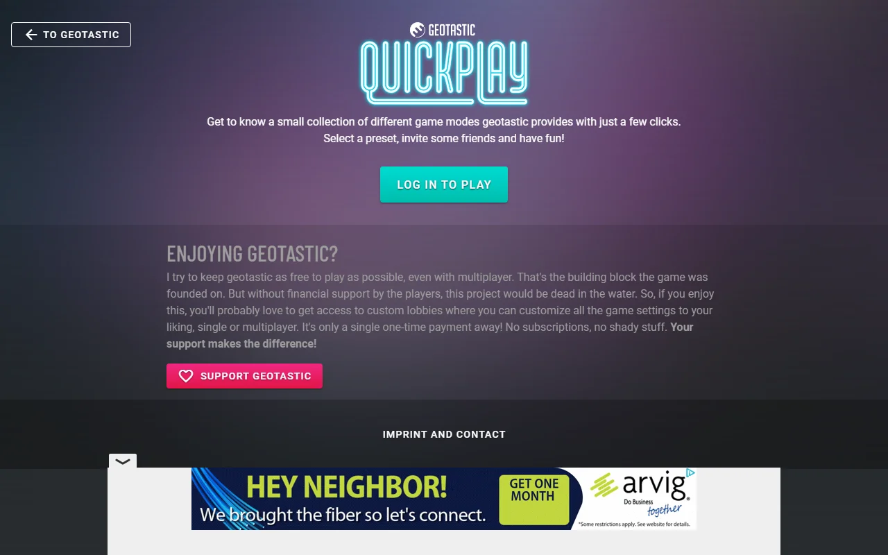 Geotastic's quick play page for a visitor, with a single Log in to play button and a donation pitch