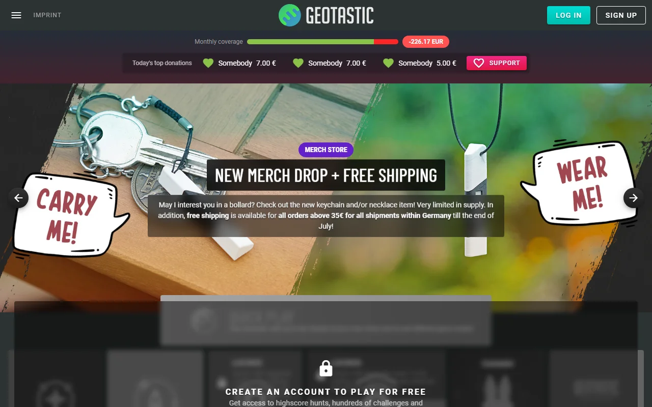 Geotastic's front page with its monthly coverage bar showing a negative balance, the day's top donations and a merchandise carousel