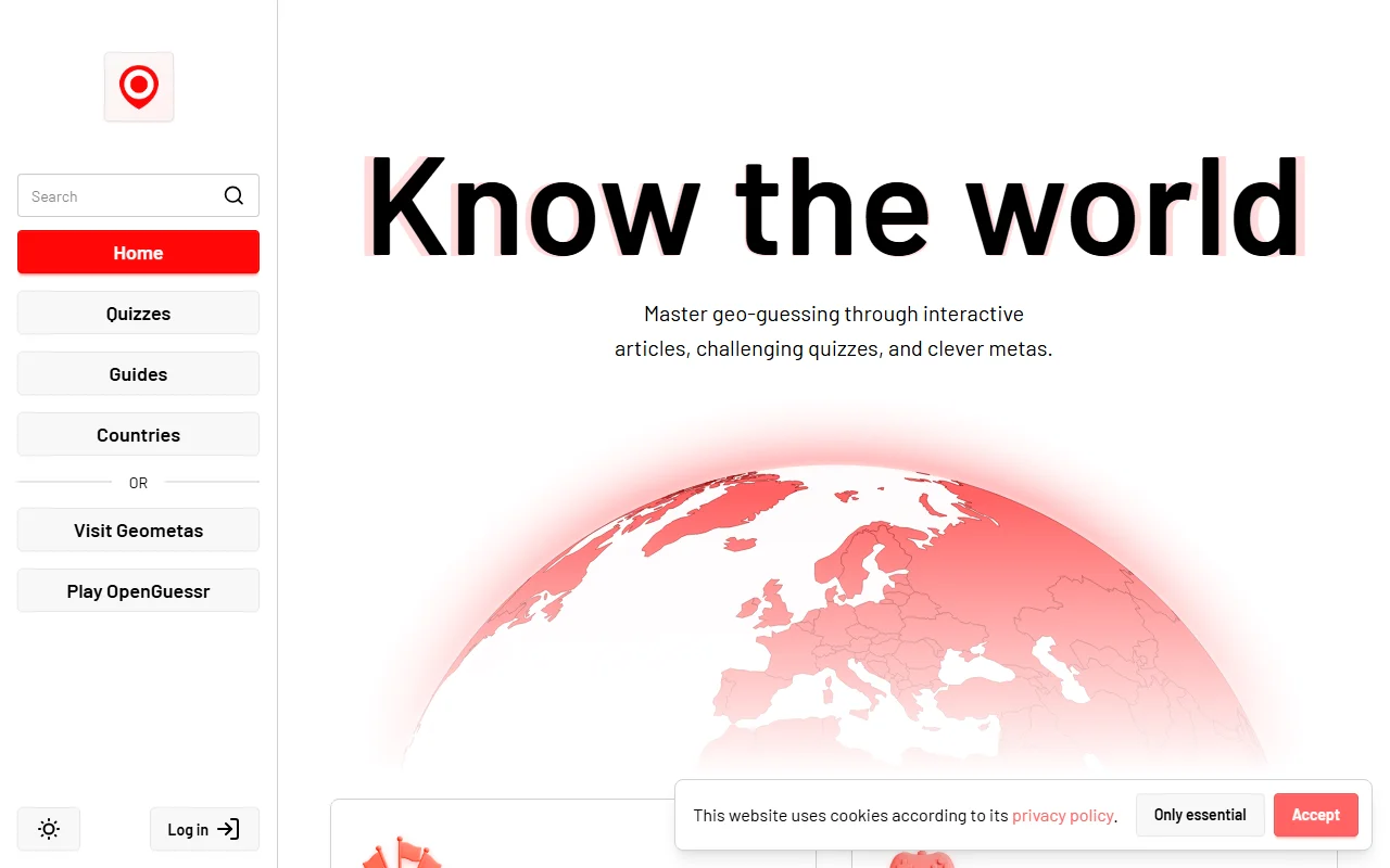 The landing page of OpenGuessr's education site, with its navigation and Know the world heading