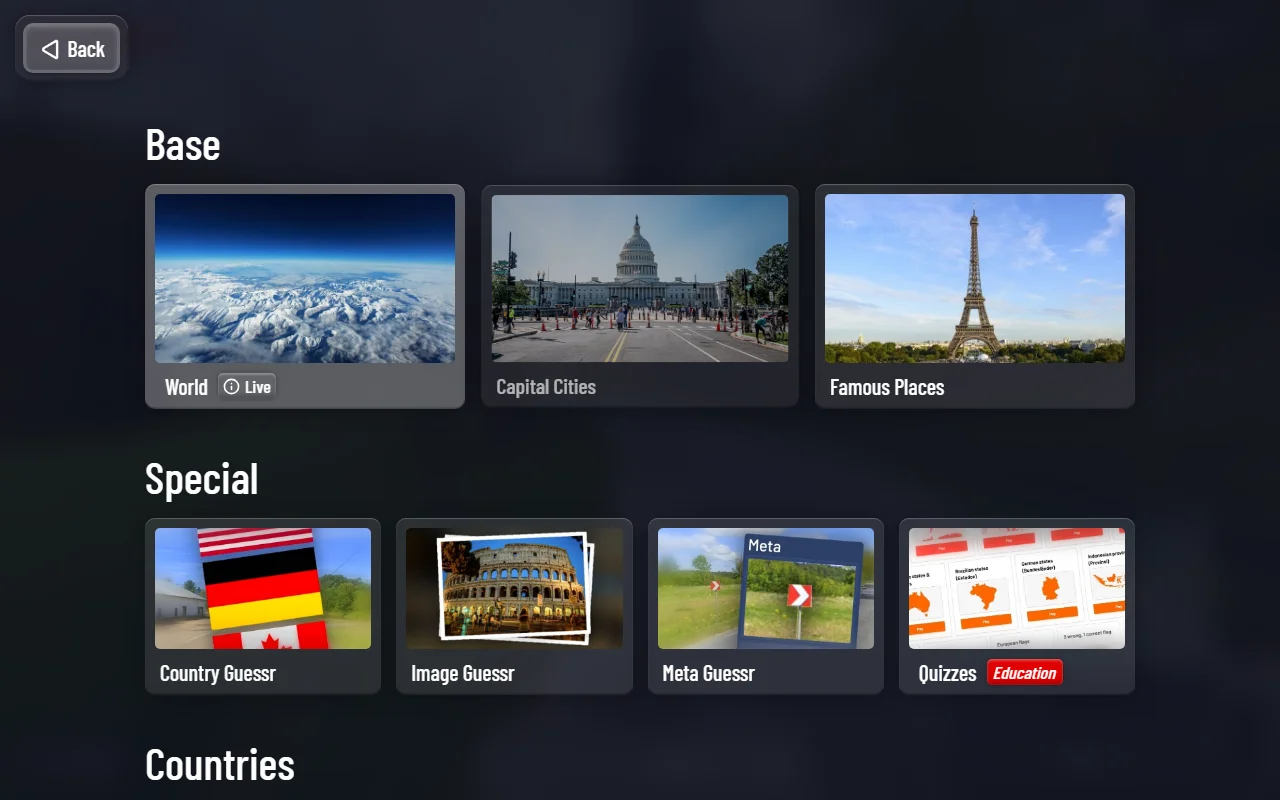OpenGuessr's map browser with its Base, Special and Countries sections