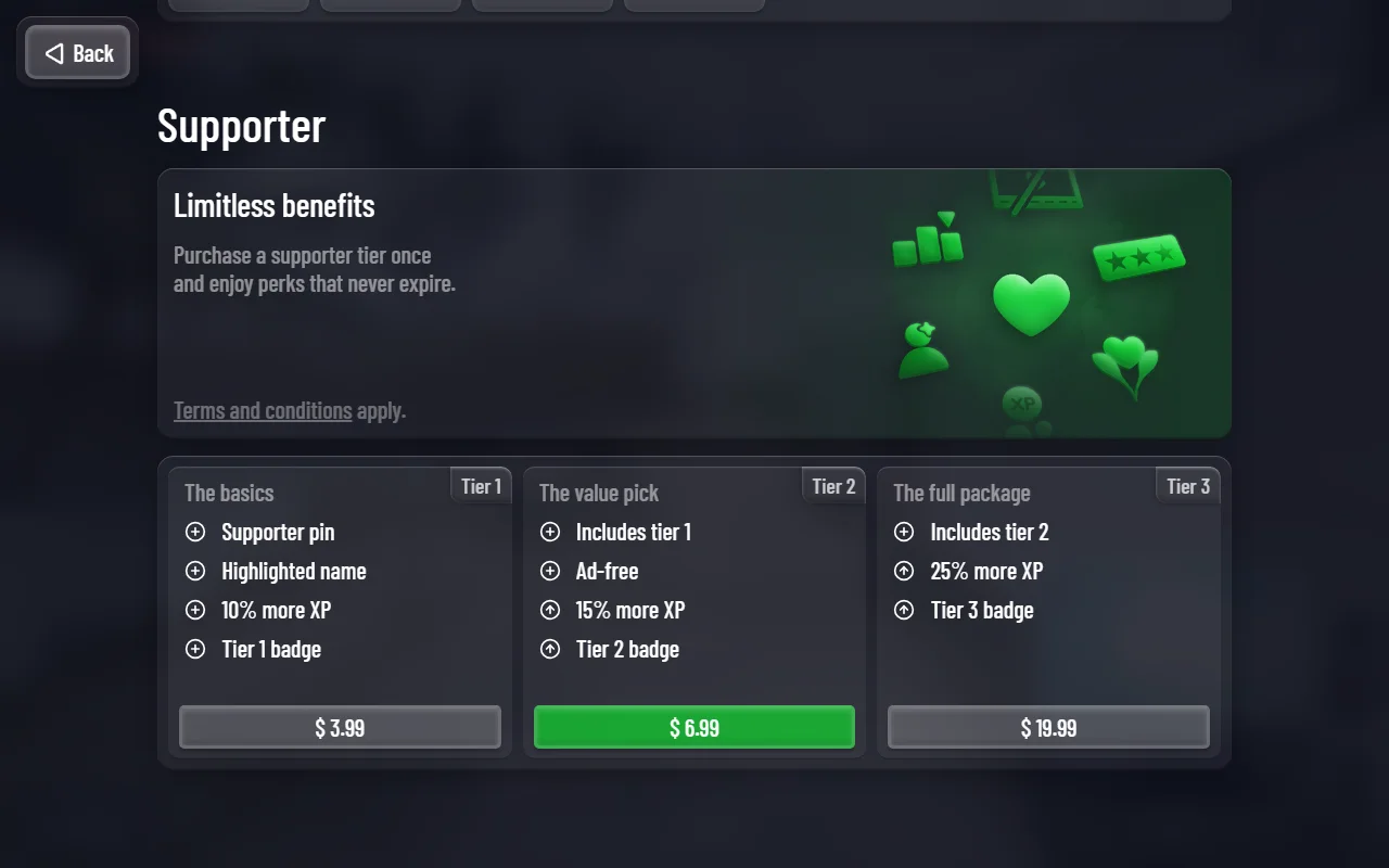 OpenGuessr's supporter tiers in its shop, three columns with one-time prices