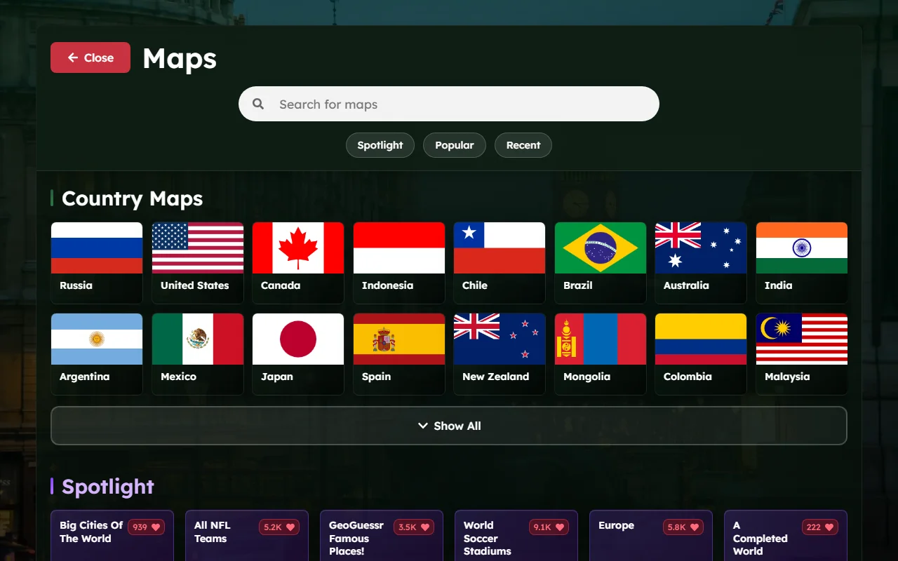 WorldGuessr's community map browser