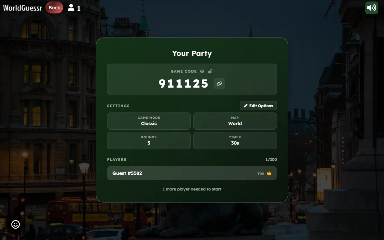 A WorldGuessr party lobby created as a guest, showing the game code, the settings and a player count of 1 of 200