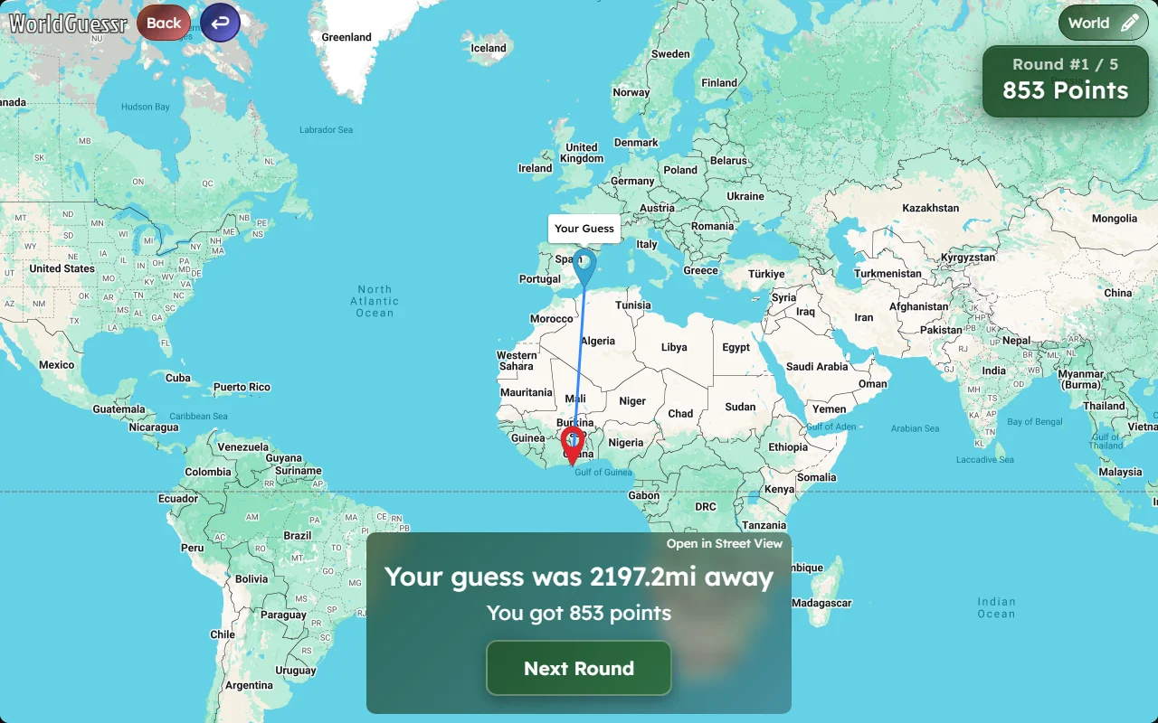 The result screen after a guess on WorldGuessr: the guessed pin and the real location joined by a line, with the distance and points